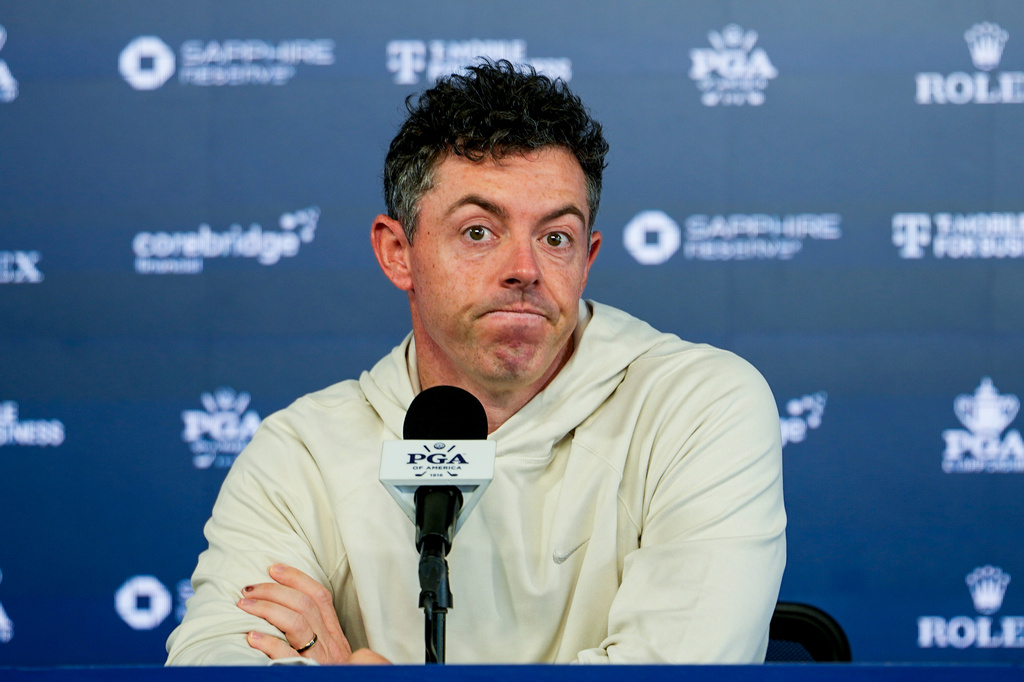 Rory McIlroy, of Northern Ireland, speaks to the media prior to a PGA Championship golf tournament practice round at Aronimink Golf Club, Tuesday, May 12, 2026, in Newtown Square, PA. (AP Photo/Carolyn Kaster)
