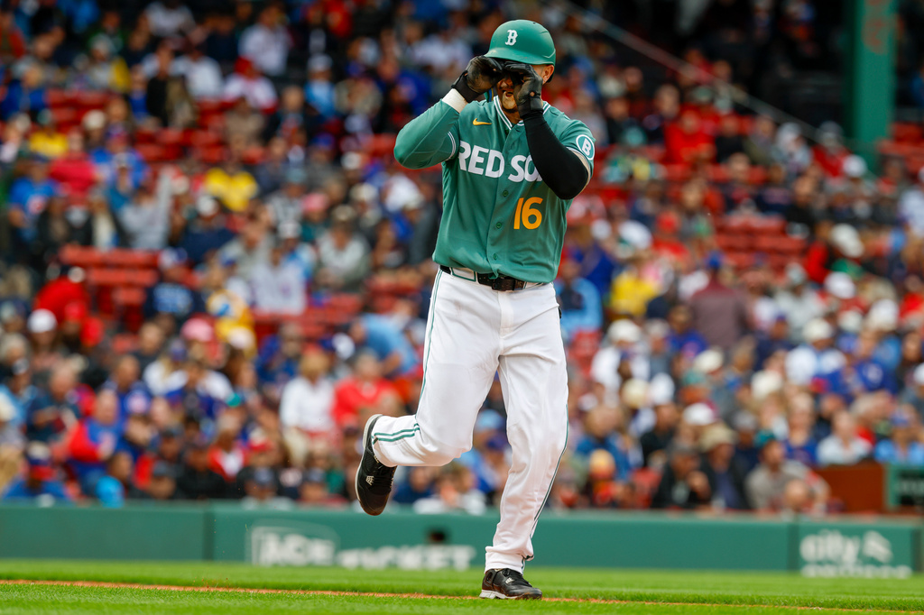 Boston Red Sox' Jarren Duran reacts after drawing a walk during the fourth inning in the first baseball game of a doubleheader against the Chicago Cubs, Friday, Sept. 25, 2026, in Boston. (AP Photo/Greg M. Cooper)