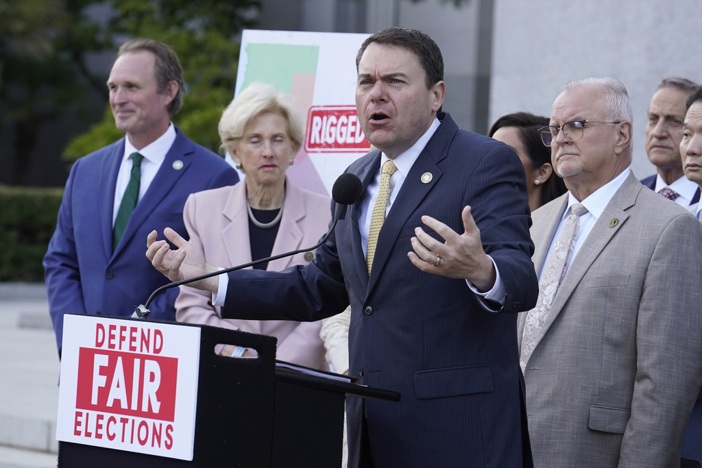 California Assembly member Carl DeMaio, R-Valley Center speaks against a package of measures to redraw the state's Congressional districts and put new maps before voters in a special election, during a news conference in Sacramento, Calif.., Thursday, Aug. 21, 2025. (AP Photo/Rich Pedroncelli)