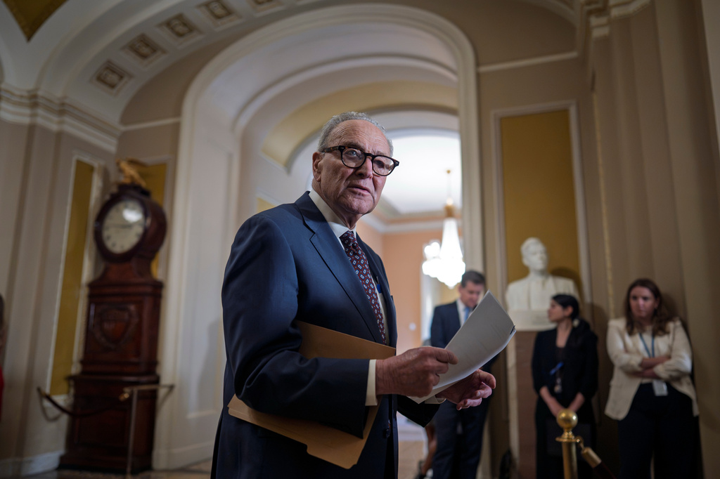 Senate Minority Leader Chuck Schumer, D-N.Y., speaks to reporters at the Capitol in Washington, Tuesday, June 23, 2026. (AP Photo/J. Scott Applewhite)