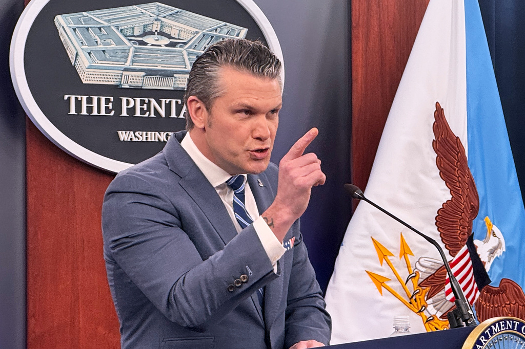 Defense Secretary Pete Hegseth speaks to members of the media during a press briefing at the Pentagon in Washington, Thursday, April 16, 2026. (AP Photo/Kevin Wolf)