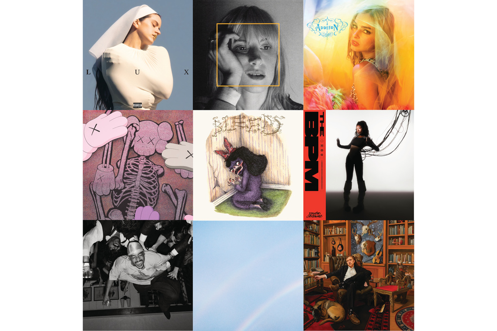 This combination of album covers shows, top row from left, "LUX" by Rosalía, "Ego Death At a Bachelorette Party" by Hayley Williams, "Addison" by Addison Rae, middle row from left, “Let God Sort Em Out” by Clipse, "Bleeds" by Wednesday, "The BPM" by Sudan Archives, bottom row from left, "Baby" by Dijon, "Never Enough" by Turnstile, and "Snipe Hunter" by Tyler Childers. (Columbia/Post Atlantic/Columbia/Roc Nation/Dead Ocean/Stones Throw Records/R&R-Warner Records/Roadrunner Records/RCA via AP)