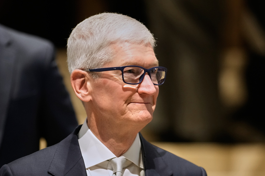 Apple CEO Tim Cook during the Annual Meeting of the World Economic Forum in Davos, Switzerland, Tuesday, Jan. 20, 2026. (AP Photo/Markus Schreiber)