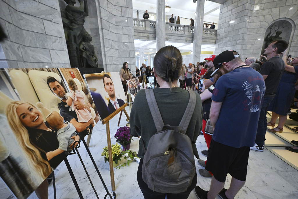 Members of the community gather at the Capitol in Salt Lake City to honor Charlie Kirk after he was shot at an event at Utah Valley University and later died at a local hospital on Wednesday, Sept. 10, 2025. (Scott G Winterton/The Deseret News via AP)