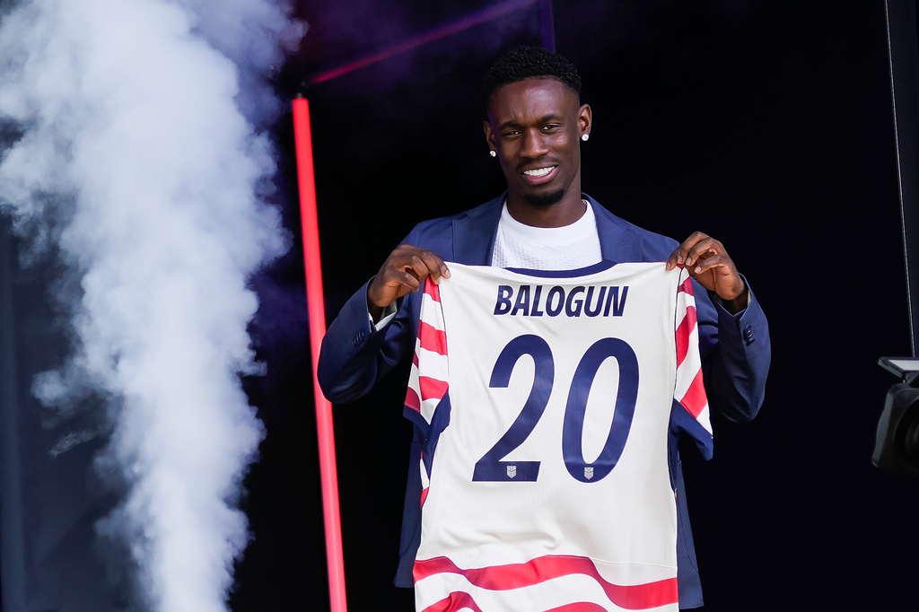 Forward Folarin Balogun of the United States men's national soccer team is presented during the announcement of the team roster on Tuesday, May 26, 2026, in New York City, ahead of the 2026 FIFA World Cup. (AP Photo/Eduardo Munoz Alvarez)