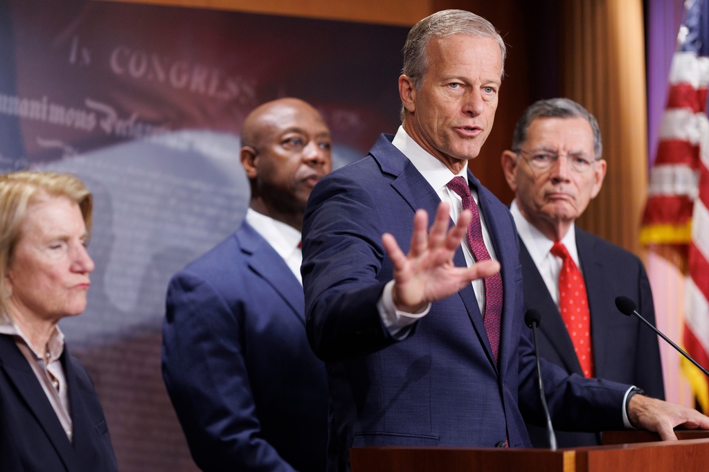 Senate Majority Leader John Thune R-S.D., speaks during a news conference on Capitol Hill on Saturday, March 21, 2026, in Washington. (AP Photo/Tom Brenner)
