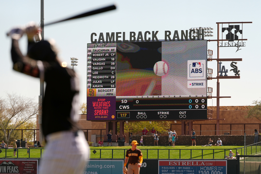 FILE - The Automated Ball-Strike System plays on the scoreboard after a pitch call was challenged during the first inning of a spring training baseball game between the Chicago White Sox and the San Diego Padres, Feb. 26, 2025, in Phoenix. (AP Photo/Carolyn Kaster, File)