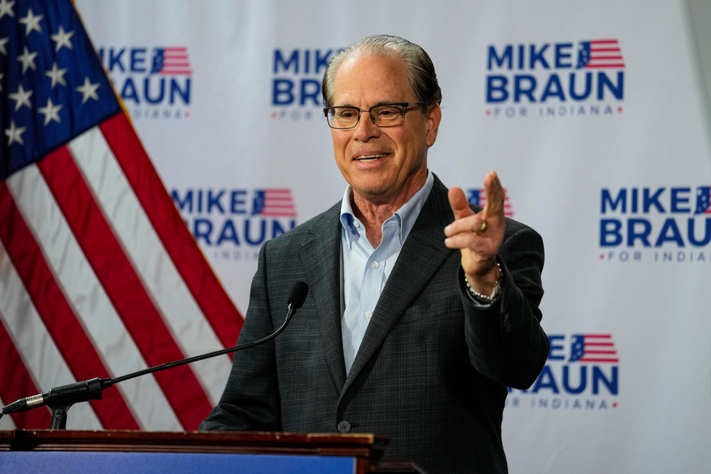 FILE - U.S. Sen. Mike Braun, R-Ind., announces his run for Indiana governor on Dec. 12, 2022, in Indianapolis. (AP Photo/Michael Conroy, File)