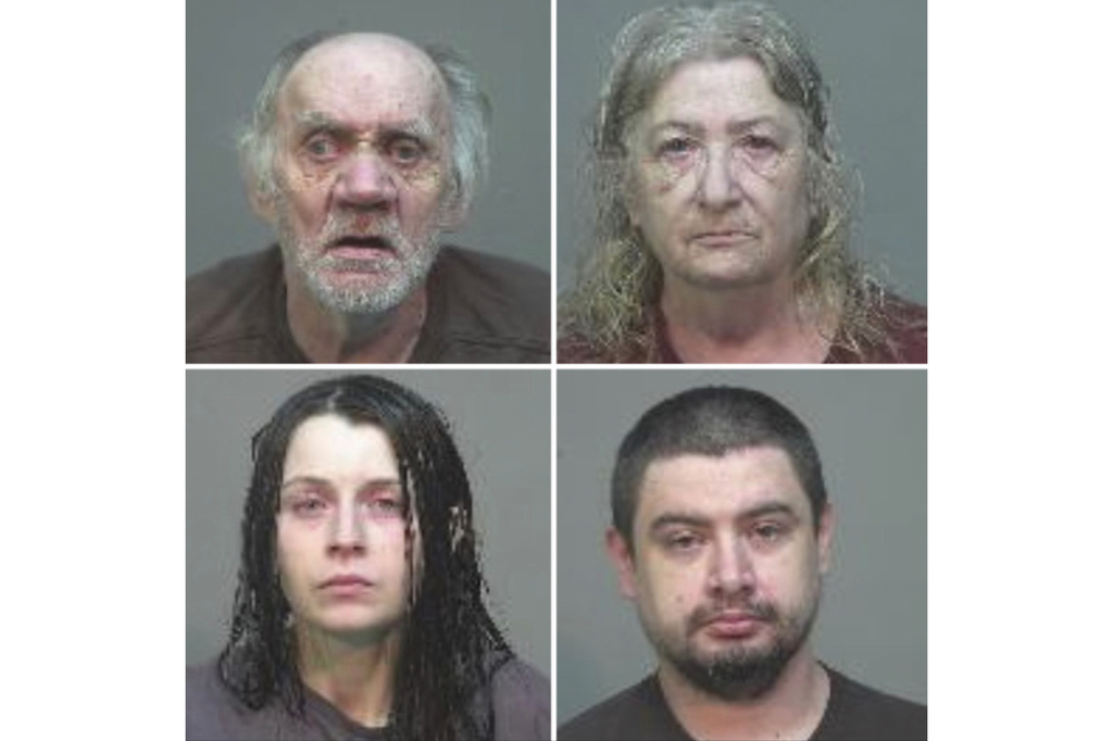 This combination of undated booking photos provided by Southeastern Ohio Regional Jail on Wednesday, July 1, 2026, shows, clockwise starting at top left, Gary Siders Sr., Christine Siders, Elizabeth Siders and Gary Siders Jr. (Southeastern Ohio Regional Jail via AP)