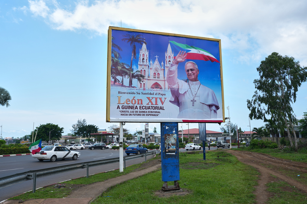 A billboard featuring Pope Leo XIV is seen ahead of his visit in Malabo, Equatorial Guinea, Friday, April 17, 2026. (AP Photo/Misper Apawu)