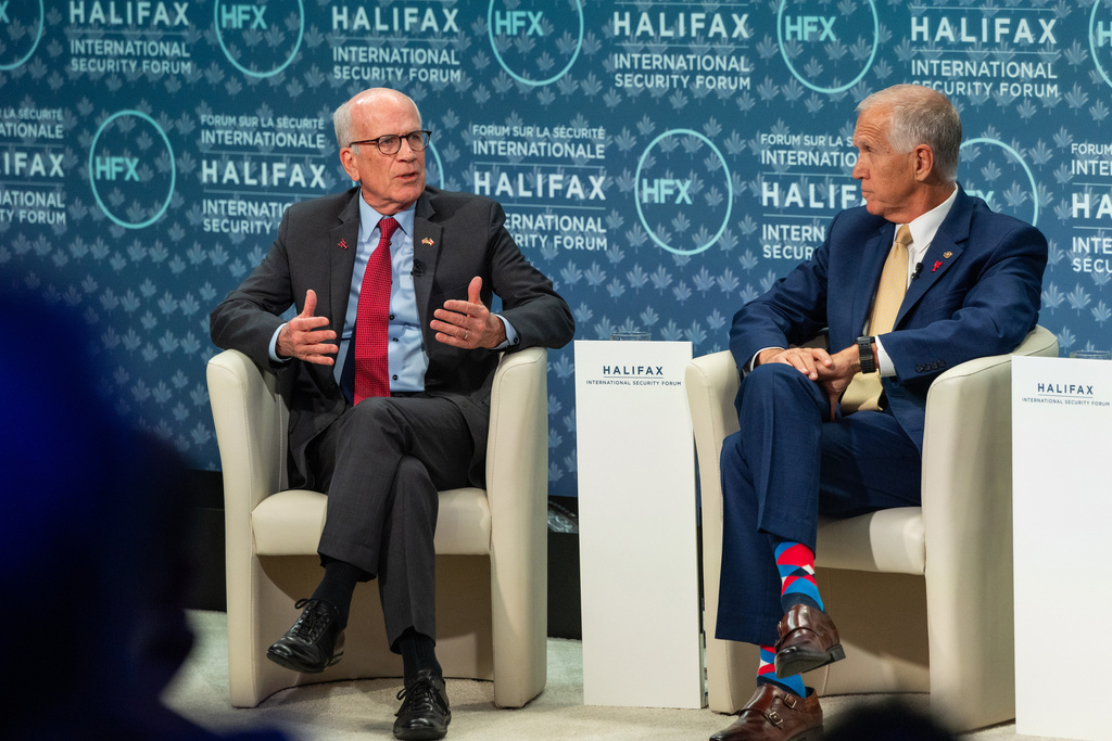 Sen. Peter Welch, D-Vt., and Sen. Thom Tillis, R-N.C. take part in the Halifax International Security Forum, Saturday, Nov. 22, 2025. (Kelly Clark/The Canadian Press via AP)