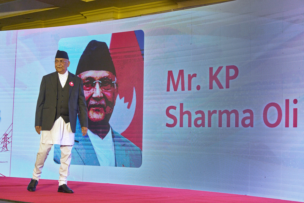 Khadga Prassad Oli, President of Communist Party of Nepal (Unified Marxist–Leninist) arrives to release election manifesto ahead of general election in Kathmandu, Nepal, Feb.19, 2026. (AP Photo/Niranjan Shrestha)