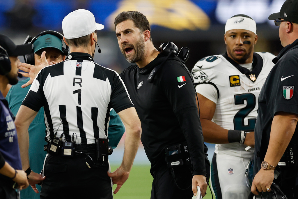 Philadelphia Eagles head coach Nick Sirianni argues a call during the second half of an NFL football game against the Los Angeles Chargers, Monday, Dec. 8, 2025, in Inglewood, Calif. (AP Photo/Caroline Brehman)