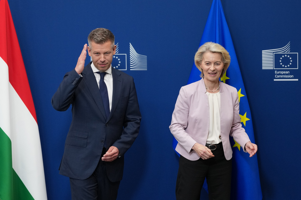 European Commission President Ursula von der Leyen, right, greets Hungary's Prime Minister Peter Magyar prior to a meeting at EU headquarters in Brussels, Friday, May 29, 2026. (AP Photo/Virginia Mayo)