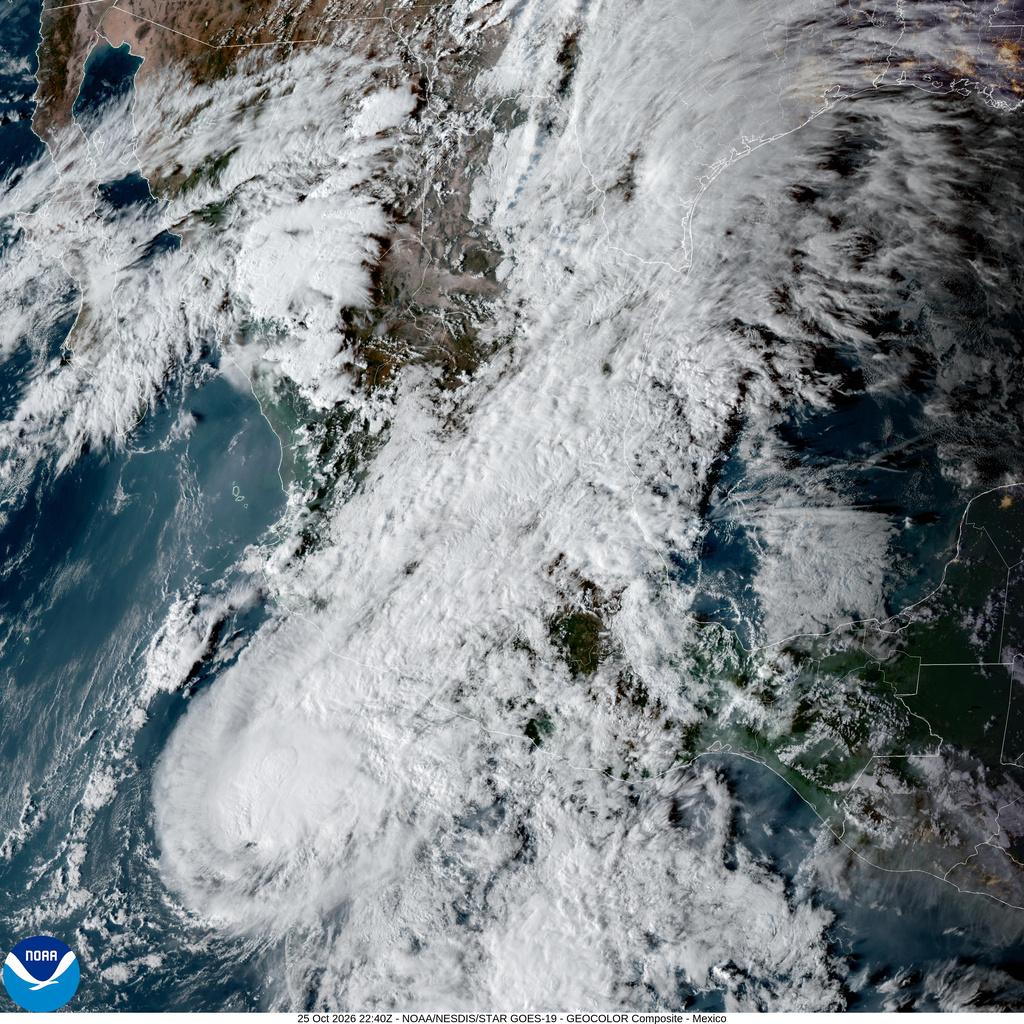 This satellite image from the National Oceanic and Atmospheric Administration shows Tropical Storm Vance churning off southwest Mexico's Pacific coast, at 6:40 p.m. ET (EDT) on Sunday, Oct. 25, 2026. (NOAA via AP)
