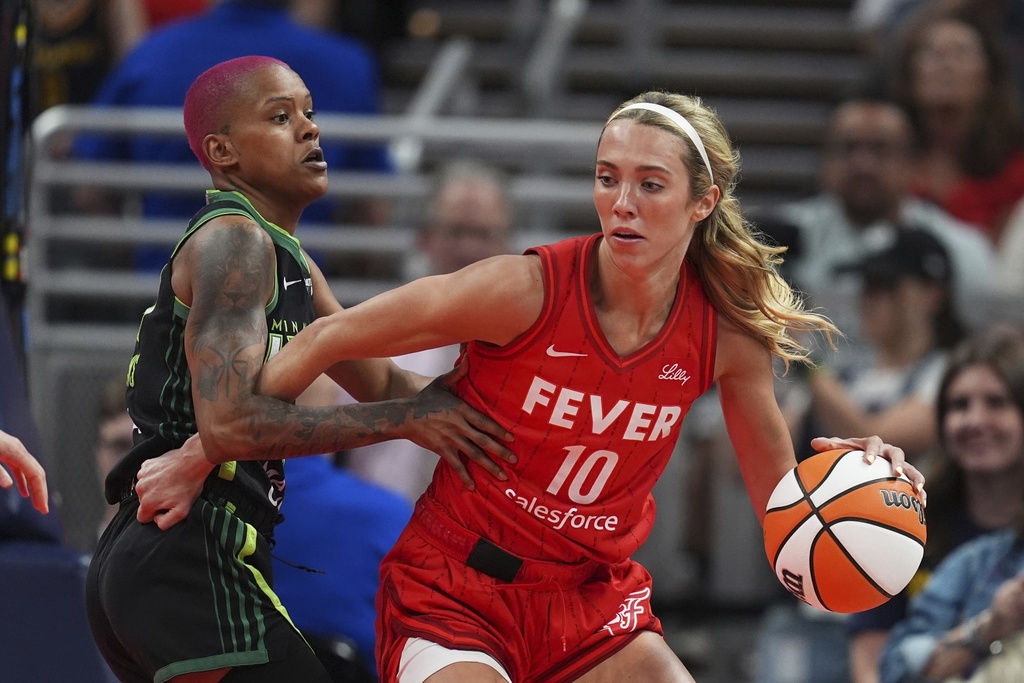 Indiana Fever's Lexie Hull (10) is defended by Minnesota Lynx's Courtney Williams (10) during the first half of a WNBA basketball game, Friday, Aug. 22, 2025, in Indianapolis. (AP Photo/Darron Cummings)