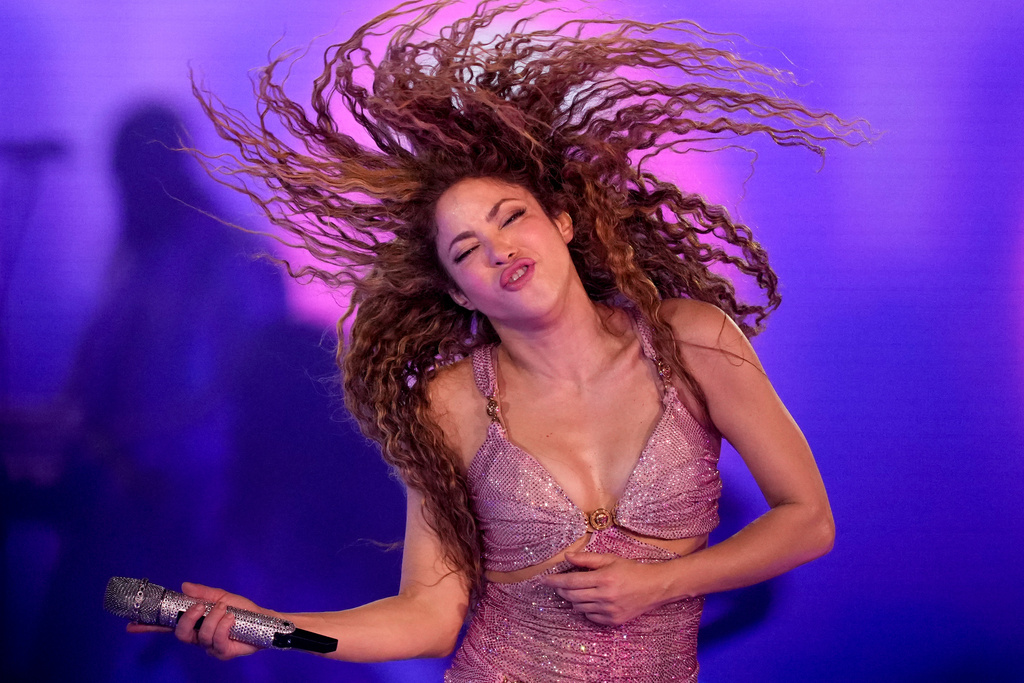 Colombian superstar Shakira performs during her "Las Mujeres Ya No Lloran," or Women Don't Cry Anymore, world tour in Buenos Aires, Argentina, March 7, 2025. (AP Photo/Natacha Pisarenko, File)