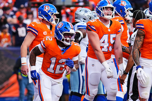 Denver Broncos' RJ Harvey (12), Nate Adkins (45) and others celebrate Harvey's touchdown run in the first half of an NFL football game against the Dallas Cowboys Sunday, Oct. 26, 2025, in Denver. (AP Photo/Jack Dempsey) Denver Broncos' RJ Harvey (12), Nate Adkins (45) and others celebrate Harvey's touchdown run in the first half of an NFL football game against the Dallas Cowboys Sunday, Oct. 26, 2025, in Denver. (AP Photo/Jack Dempsey)