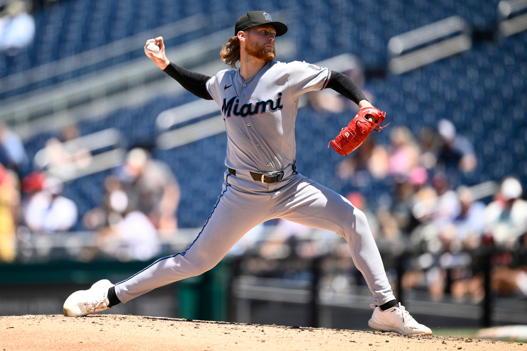 Miami Marlins pitcher Max Meyer throws during the third inning of a baseball game against the Washington Nationals, Wednesday, June 3, 2026, in Washington. (AP Photo/Nick Wass)