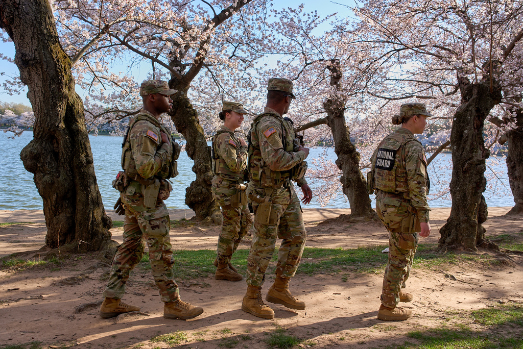 FILE - Members of the Mississippi National Guard patrol among the cherry blossom trees along the tidal basin, March 24, 2026, in Washington. (AP Photo/Jacquelyn Martin, File)