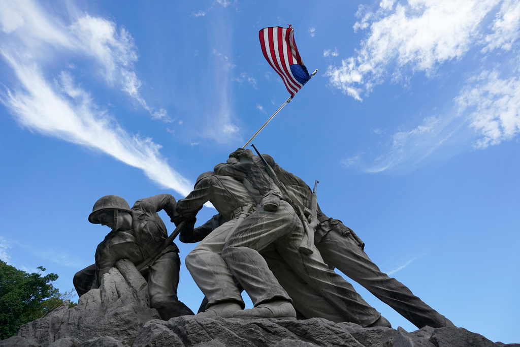 An Iwo Jima Memorial tribute statue is pictured near the entrance of Marine Base Quantico, Friday Sep. 26, 2025, in Quantico, Va. (AP Photo/Steve Helber)
