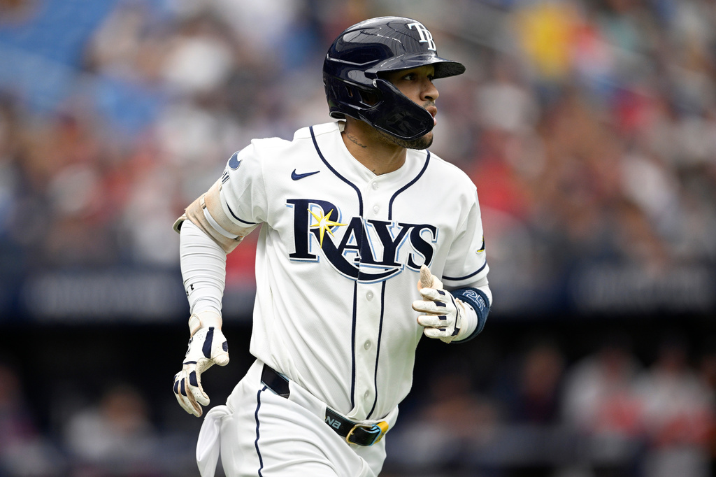 Tampa Bay Rays' Victor Mesa Jr. watches his solo home run during the fourth inning of a baseball game against the Boston Red Sox, Sunday, Sept. 20, 2026, in St. Petersburg, Fla. (AP Photo/Phelan M. Ebenhack)