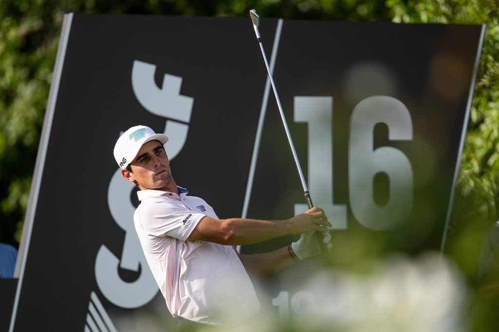 Captain Joaquín Niemann, of Torque GC, hits from the 16th tee during the first round of LIV Golf Bedminster at Trump National Golf Club, Thursday, Aug. 6, 2026, in Bedminster, N.J. (Montana Pritchard/LIV Golf via AP)