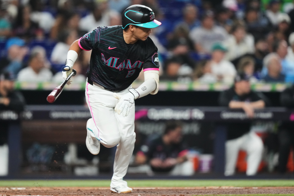 Miami Marlins' Javier Sanoja runs after hitting a single during the sixth inning of a baseball game against the Los Angeles Dodgers, Friday, Sept. 11, 2026, in Miami. (AP Photo/Lynne Sladky)