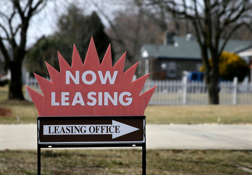 FILE - This March 16, 2015 photo shows a "now leasing" sign outside an apartment complex near Millville, N.J. (AP Photo/Mel Evans, file) FILE - This March 16, 2015 photo shows a "now leasing" sign outside an apartment complex near Millville, N.J. (AP Photo/Mel Evans, file)
