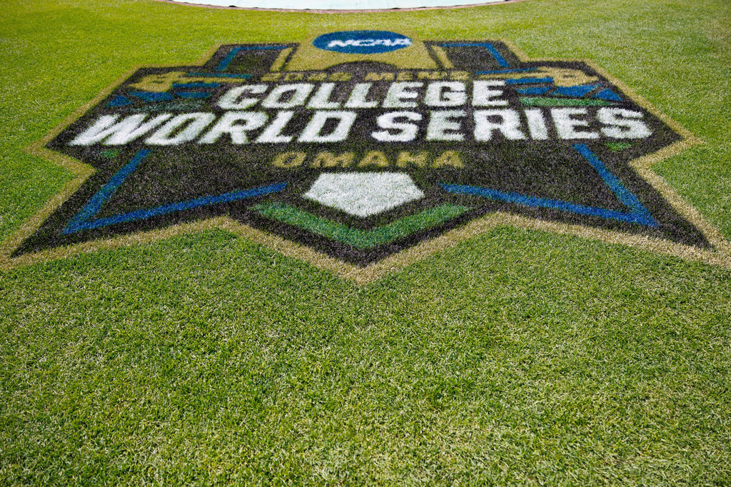 FILE - Field logo during an NCAA College World Series baseball game on Saturday, June 14, 2025 in Omaha, Neb. (AP Photo/Cory Eads, File)