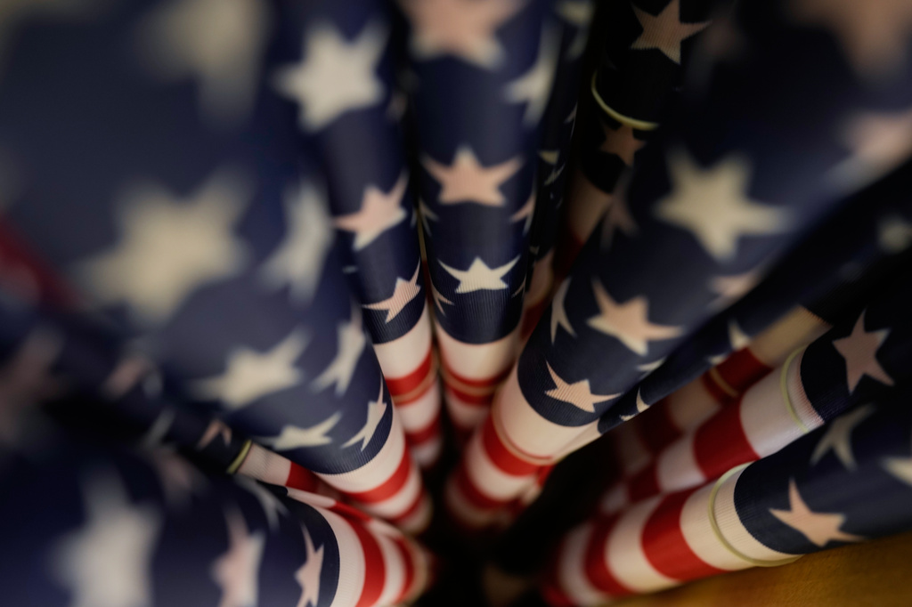 American Flags are for sale at Jungle Jim's International Market Eastgate in Cincinnati, Tuesday, June 30, 2026. (AP Photo/Carolyn Kaster)