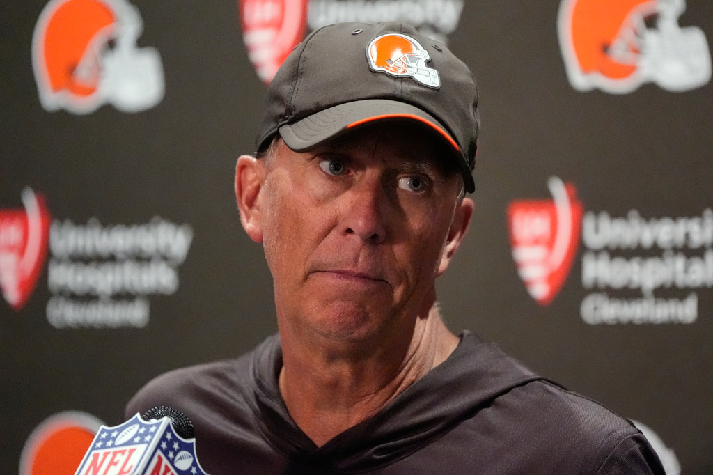 Cleveland Browns head coach Todd Monken speaks during a news conference following a loss to the Jacksonville Jaguars in an NFL football game, Sunday, Sept. 13, 2026, in Jacksonville. (AP Photo/Mike Stewart)