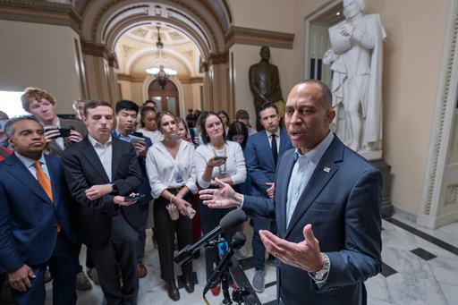 House Minority Leader Hakeem Jeffries, D-N.Y., speaks with reporters before he and the top congressional leaders go to the White House to meet with President Donald Trump on the looming government funding crisis, at the Capitol in Washington, Monday, Sept. 29, 2025. (AP Photo/J. Scott Applewhite) House Minority Leader Hakeem Jeffries, D-N.Y., speaks with reporters before he and the top congressional leaders go to the White House to meet with President Donald Trump on the looming government funding crisis, at the Capitol in Washington, Monday, Sept. 29, 2025. (AP Photo/J. Scott Applewhite)