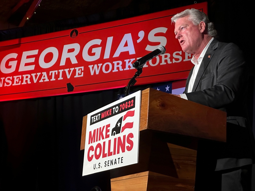 FILE - U.S. Rep. Mike Collins speaks at a Senate campaign event on Aug. 19, 2025, in Jackson, Ga. (AP Photo/Jeff Amy, File)