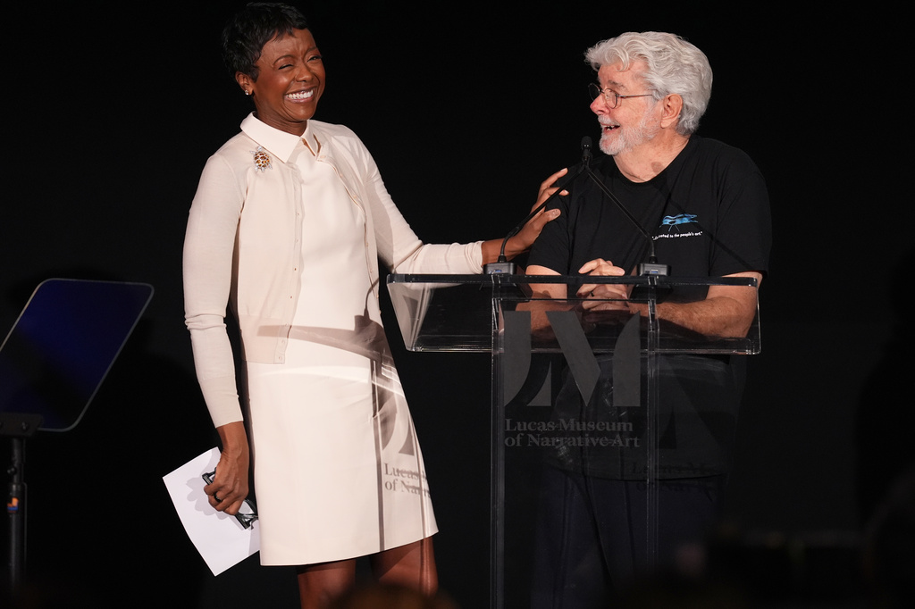 Mellody Hobson, left, and George Lucas, co-founders of the Lucas Museum of Narrative Art, appear during a press preview for the museum on Wednesday, Sept. 2, 2026, in Los Angeles. (AP Photo/Chris Pizzello)