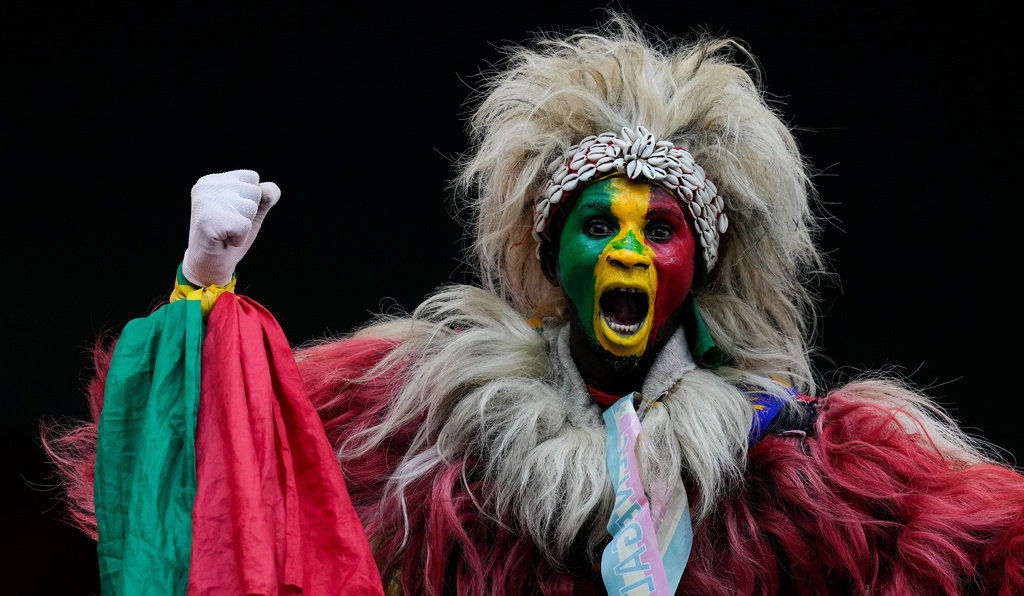 A senegal fan cheers during the Africa Cup of Nations group D soccer match between Senegal and DR Congo in Tangier, Morocco, Saturday, Dec. 27, 2025. (AP Photo/Themba Hadebe)
