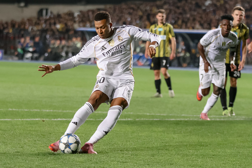 Real Madrid's Kylian Mbappe controls the ball during the Champions League opening phase soccer match between Kairat Almaty and Real Madrid at Ortalyk stadium in Almaty, Kazakhstan, Tuesday, Sept. 30, 2025. (AP Photo/Alikhan Sariyev) Real Madrid's Kylian Mbappe controls the ball during the Champions League opening phase soccer match between Kairat Almaty and Real Madrid at Ortalyk stadium in Almaty, Kazakhstan, Tuesday, Sept. 30, 2025. (AP Photo/Alikhan Sariyev)