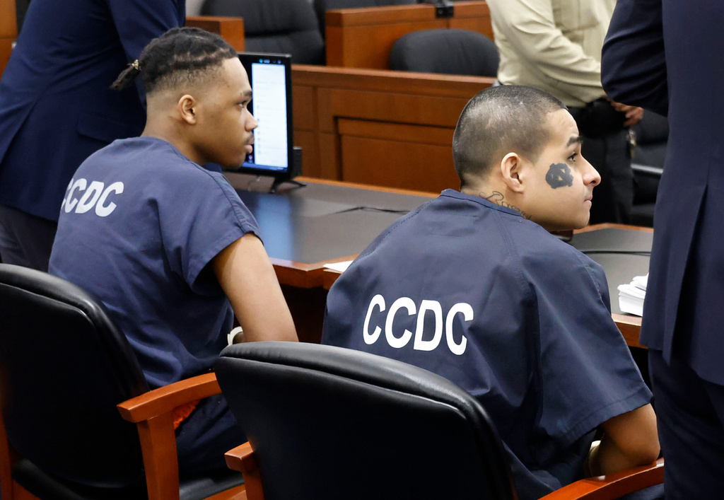 Jzamir Keys, left, and Jesus Ayala appear in court during their sentencing for the killing of Andreas Probst, Tuesday, Dec. 16, 2025, at the Regional Justice Center in Las Vegas. (Bizuayehu Tesfaye/Las Vegas Review-Journal via AP)