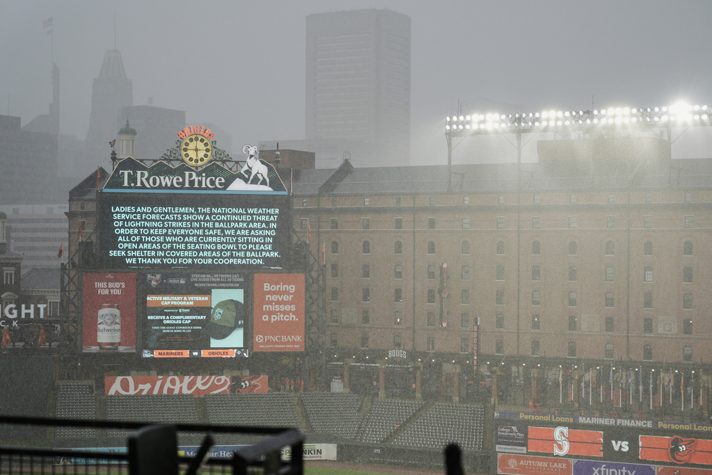 A message is displayed on the scoreboard during a weather delay before a baseball game between the Baltimore Orioles and the Seattle Mariners, Wednesday, Aug. 13, 2025, in Baltimore. (AP Photo/Stephanie Scarbrough)