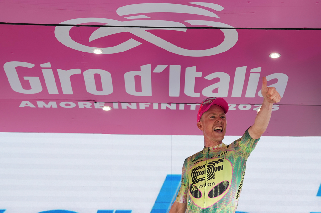 Denmark's Michael Valgren celebrates winning the 17th stage of the Giro d'Italia cycling race from Cassano D'Adda to Andalo, Italy, Wednesday, May 27, 2026. (Gianmattia D'Albertoi/LaPresse via AP)