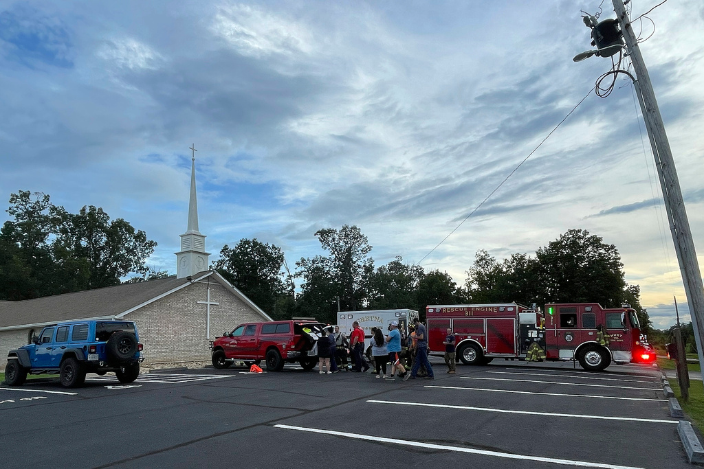 Law enforcement services assemble in response to an active shooting situation in Gretna, Va., Wednesday, Aug. 13, 2025. (John R. Crane/Danville Register & Bee via AP)
