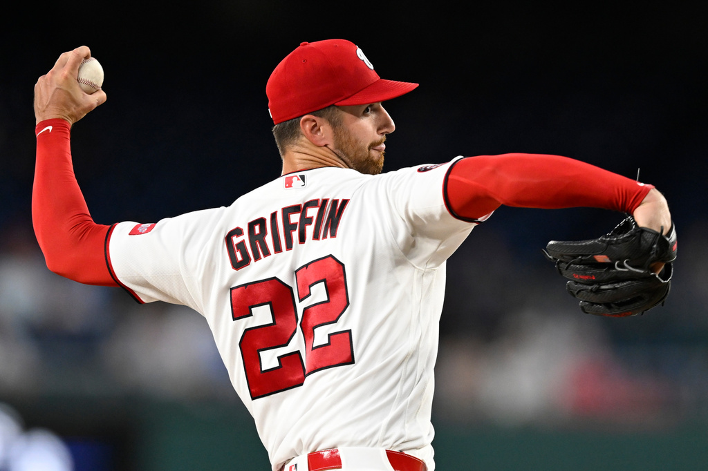 Washington Nationals staring pitcher Foster Griffin throws during the second inning of a baseball game against the Philadelphia Phillies, Monday, June 22, 2026, in Washington. (AP Photo/John McDonnell)
