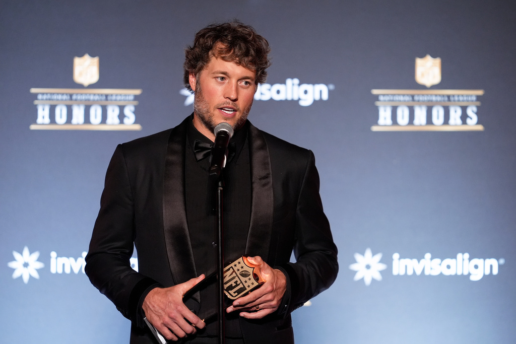 Los Angeles Rams' Matthew Stafford speaks after winning the AP Most Valuable Player award during football's NFL Honors award show in San Francisco, Thursday, Feb. 5, 2026. (AP Photo/Godofredo A. Vásquez)