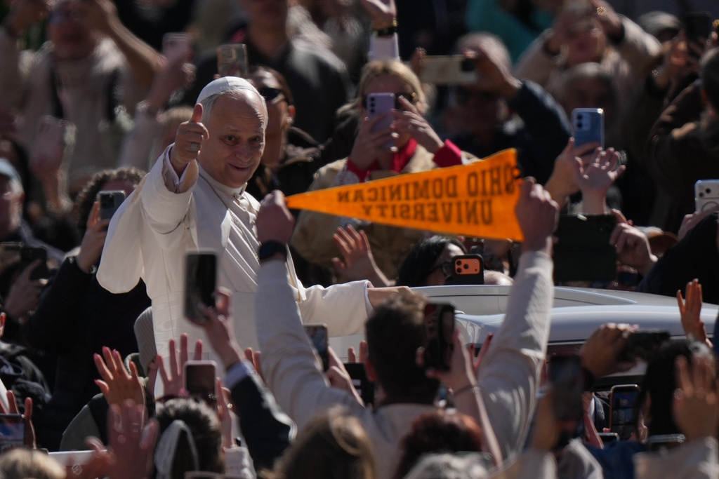 Pope Leo XIV arrives for his weekly general audience in St. Peter's Square, at the Vatican, Wednesday, March 18, 2026. (AP Photo/Andrew Medichini)