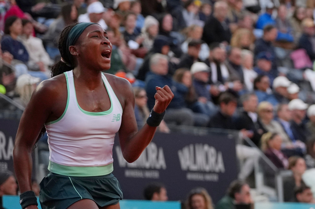 United States' Coco Gauff reacts as she plays against Ukraine's Elina Svitolina during their women's final match at the Italian Open tennis tournament in Rome, Saturday, May 16, 2026. (AP Photo/Andrew Medichini)