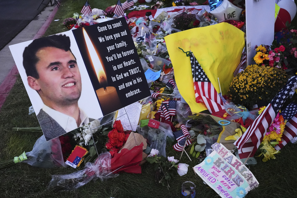 A memorial for Turning Point USA CEO and co-founder Charlie Kirk is seen at Utah Valley University, Saturday, Sept. 13, 2025, in Orem, Utah. (AP Photo/Lindsey Wasson)