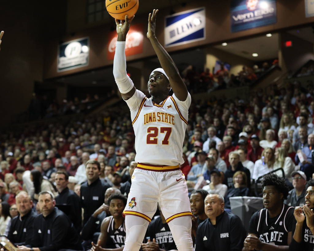 Iowa State guard Killya Toure (27) shoots during the first half of an NCAA college basketball game, Monday, Nov. 10, 2025, in Sioux Falls, S.D. (AP Photo/Josh Jurgens)