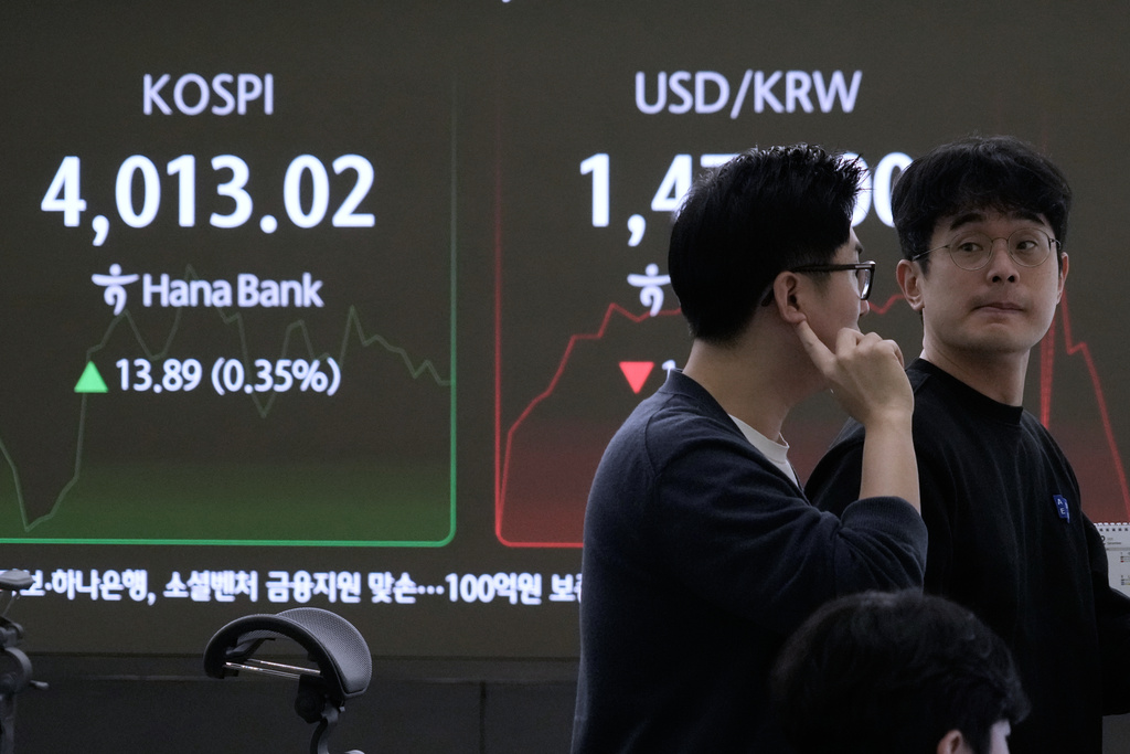 Currency traders work near a screen showing the Korea Composite Stock Price Index (KOSPI), left, at the foreign exchange dealing room of the Hana Bank headquarters, in Seoul, South Korea, Wednesday, Dec. 17, 2025. (AP Photo/Ahn Young-joon)