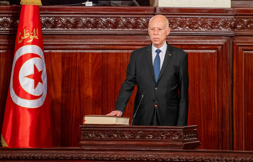 FILE - In this photo provided by the Tunisian Presidency, President Kais Saied takes oath, Oct. 21, 2024 in Tunis following his re-election. (Tunisian Presidency via AP, File)