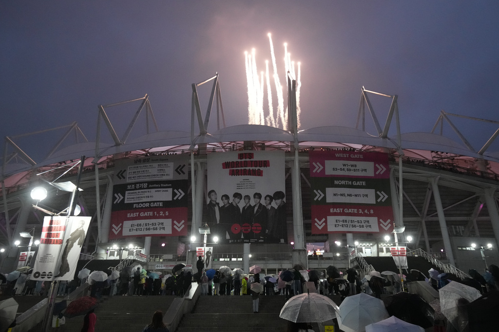 Fireworks explode at the stadium where K-pop band BTS is performing for their World Tour Arirang in Goyang, South Korea, Thursday, April 9, 2026. (AP Photo/Lee Jin-man)